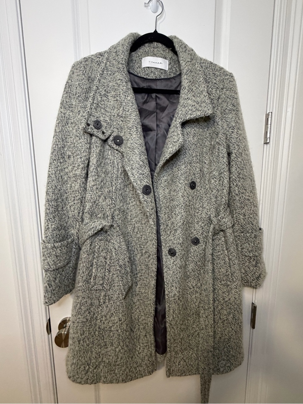 T Tahari Heather Gray Textured Double Breasted Peacoat Coat